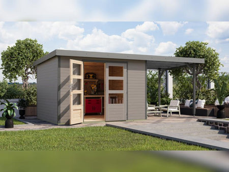 Karibu Hybrid Gartenhaus Jupiter 5 D wassergrau/graualuminium, inkl. 2,35 m Anbaudach