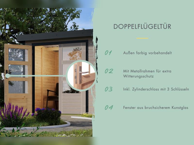 Karibu Hybrid Gartenhaus Jupiter 5 D wassergrau/graualuminium, inkl. 2,35 m Anbaudach