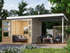 Karibu Hybrid Gartenhaus Jupiter D wassergrau/weiß inkl. 2,40 m Anbaudach