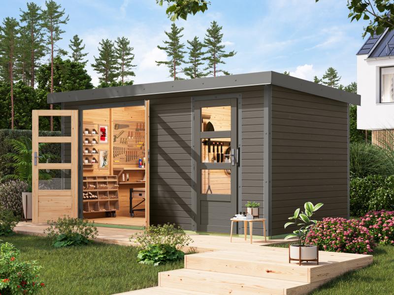 Karibu Hybrid Gartenhaus Merkur 1 B terragrau/graualuminium