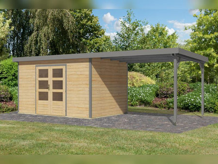 Karibu Hybrid Gartenhaus Pluto 7 A, naturbelassen/graualuminium, inkl. 3 m Anbaudach