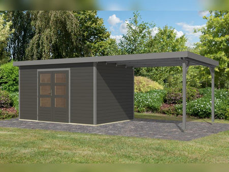 Karibu Hybrid Gartenhaus Pluto 7 B, terragrau/graualuminium, inkl. 3 m Anbaudach