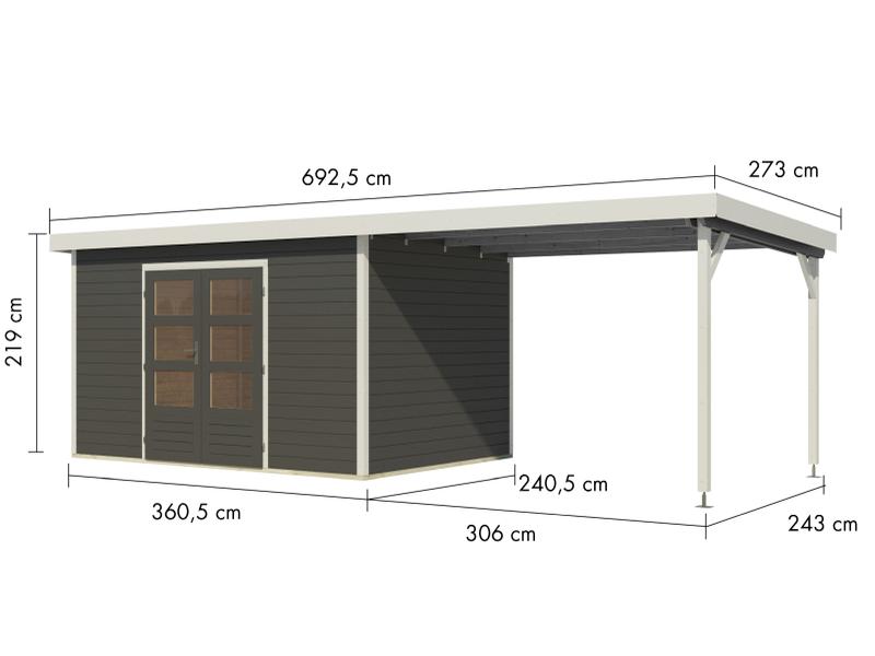 Karibu Hybrid Gartenhaus Pluto 7 B, terragrau/weiß, inkl. 3 m Anbaudach