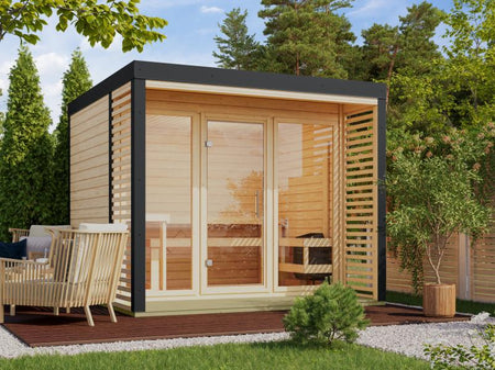 Karibu Hybrid Saunahaus Ares 3, naturbelassen/anthrazit -inkl. 9 kW Bioofen ext. Steuerung-