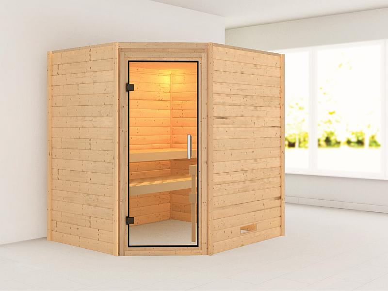 Karibu Massivholzsauna Mia 38 mm mit Klarglas Saunatür, ohne Dachkranz