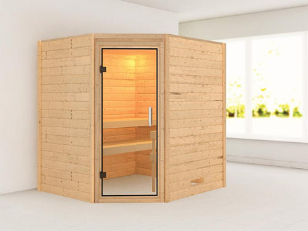 Karibu Massivholzsauna Mia 38 mm mit Klarglas Saunatür, ohne Dachkranz