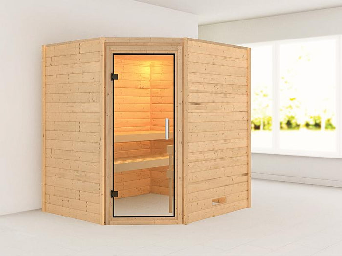Karibu Massivholzsauna Mia 38 mm mit Klarglas Saunatür, ohne Dachkranz