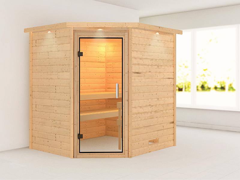 Karibu Massivholzsauna Mia 38 mm mit Klarglas Saunatür, mit Dachkranz
