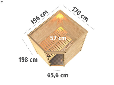 Karibu Massivholzsauna Mia 38 mm mit moderner Saunatür, ohne Dachkranz