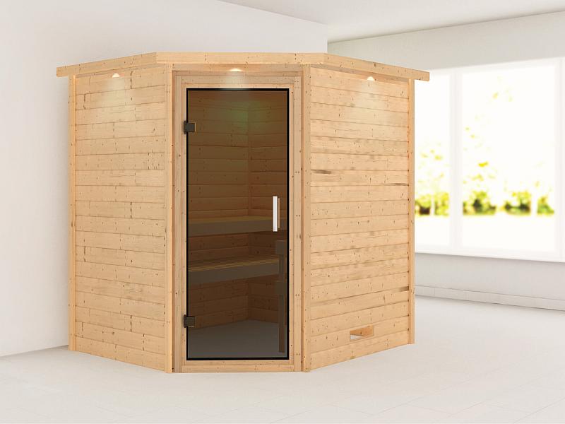 Karibu Massivholzsauna Mia 38 mm mit moderner Saunatür, mit Dachkranz