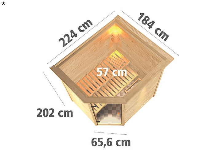 Karibu Massivholzsauna Mia 38 mm mit moderner Saunatür, mit Dachkranz