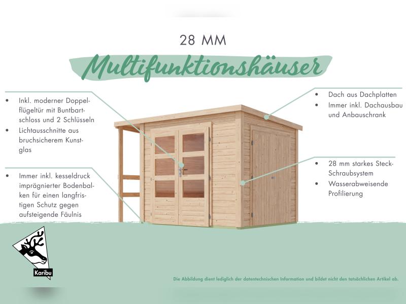 Karibu Multifunktionshaus Pultdach mit Schrank und Anbaudach 28 mm