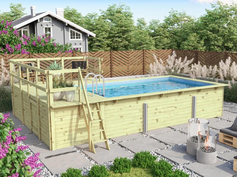 Karibu Rechteck Pool Größe 3  im Set inkl. Filterpaket, Terrrasse 3,5 m und Seitenterrasse