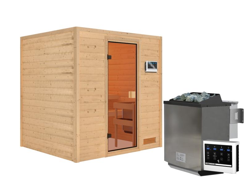 Karibu Sauna Adelina inkl. 9 kW Bioofen ext. Steuerung mit klassischer Saunatür -ohne Dachkranz-