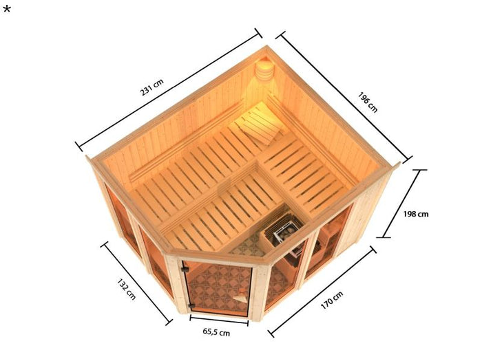 Karibu Sauna Ainur mit 9 kW Bioofen Ext. Strg  68 mm