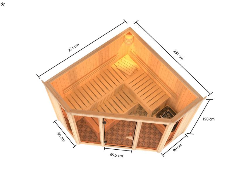 Karibu Sauna Alcinda mit 9 kW Ofen Integr. Strg  68 mm