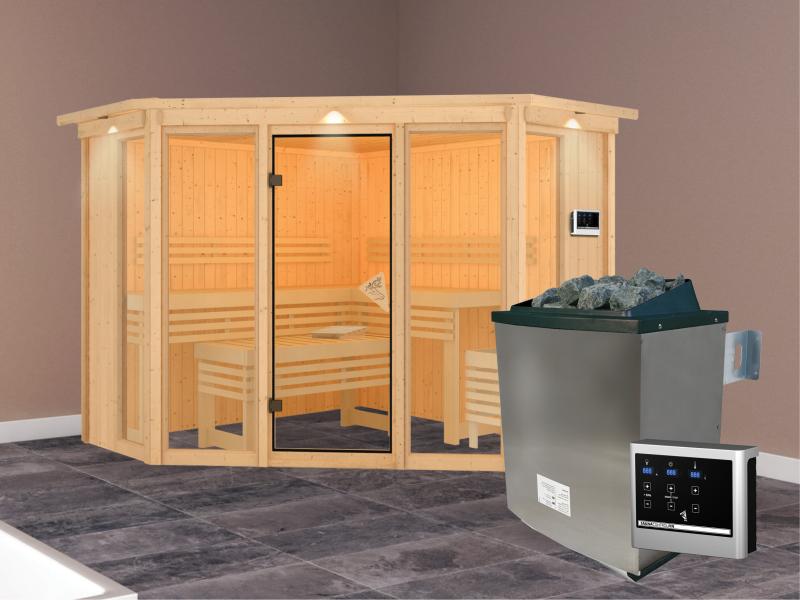 Karibu Sauna Alcinda mit Dachkranz- 9 kW Ofen Ext. Strg 68 mm