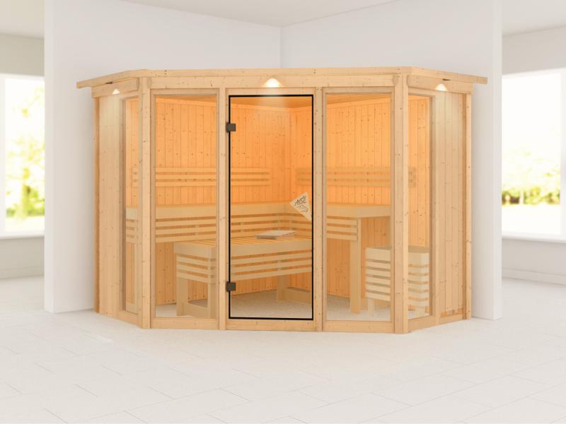 Karibu Sauna Alcinda mit Dachkranz- ohne Ofen 68 mm