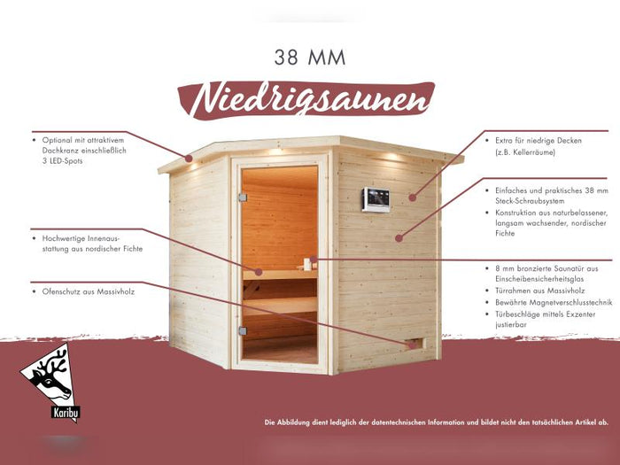 Karibu Sauna Antonia inkl. 9 kW Bioofen ext. Steuerung mit klassischer Saunatür -ohne Dachkranz-