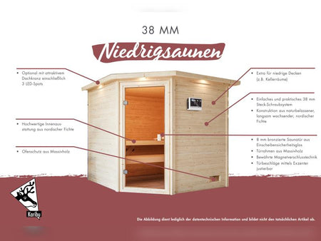 Karibu Sauna Antonia inkl. 9 kW Bioofen ext. Steuerung mit klassischer Saunatür -mit Dachkranz-