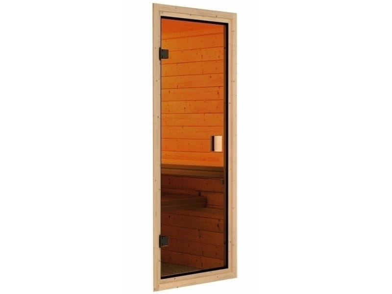 Karibu Sauna Antonia inkl. 9 kW Bioofen ext. Steuerung mit klassischer Saunatür -mit Dachkranz-