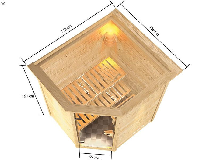 Karibu Sauna Antonia mit 3,6 kW Ofen integr. Strg und Dachkranz 38 mm