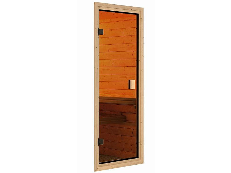 Karibu Sauna Antonia mit 3,6 kW Ofen integr. Strg und Dachkranz 38 mm