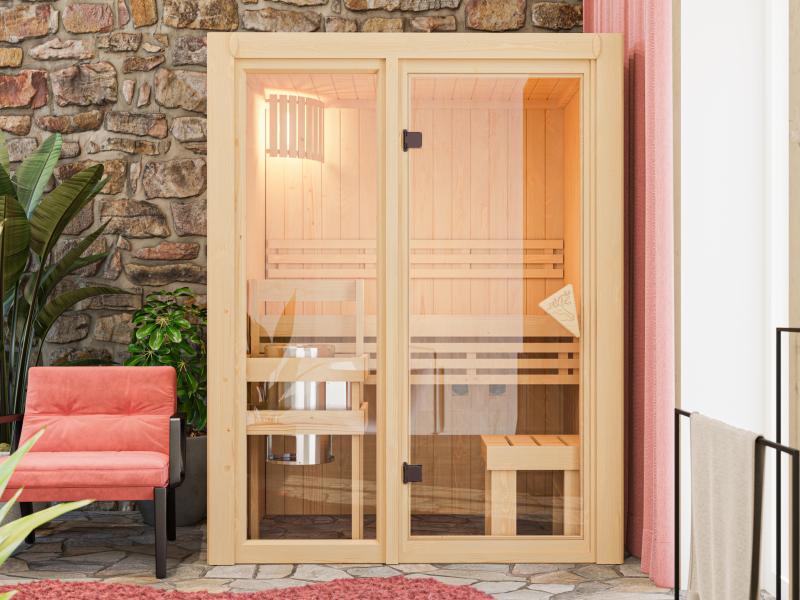 Karibu Sauna Avari 1 inkl. 3,6 kW Bioofen externe Steuerung - ohne Dachkranz