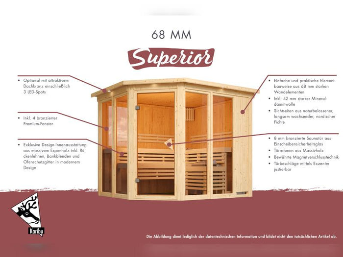 Karibu Sauna Avari 1 inkl. 3,6 kW Ofen intgr. Steuerung - ohne Dachkranz
