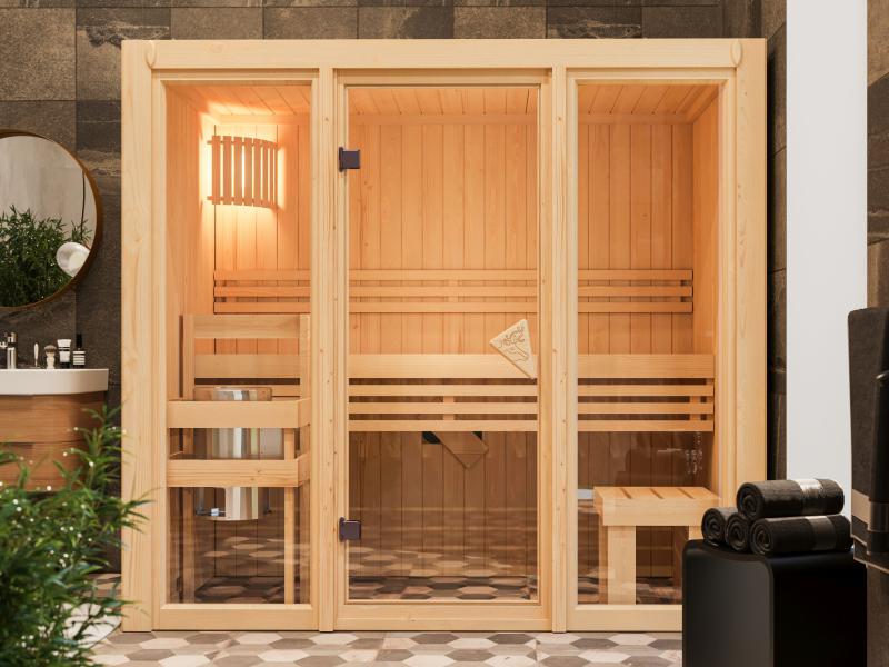 Karibu Sauna Avari 2 inkl. 3,6 kW Ofen ext. Steuerung - ohne Dachkranz