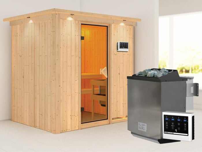 Karibu Sauna Bodin inkl. 9 kW Bioofen ext. Steuerung, mit bronzierter Saunatür -mit Dachkranz-