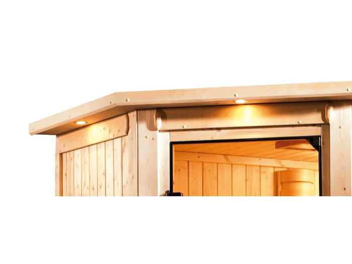 Karibu Sauna Bodin inkl. 9 kW Bioofen ext. Steuerung,mit energiesparender Saunatür - mit Dachkranz-