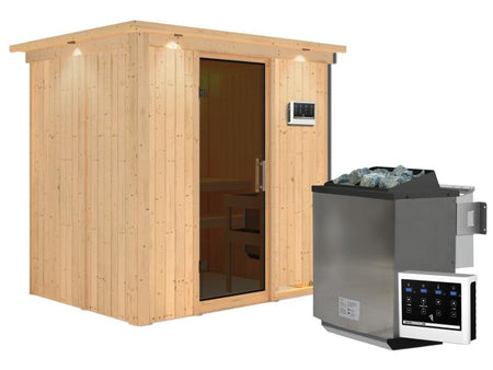 Karibu Sauna Bodin inkl. 9 kW Bioofen ext. Steuerung, moderner Saunatür -mit Dachkranz-