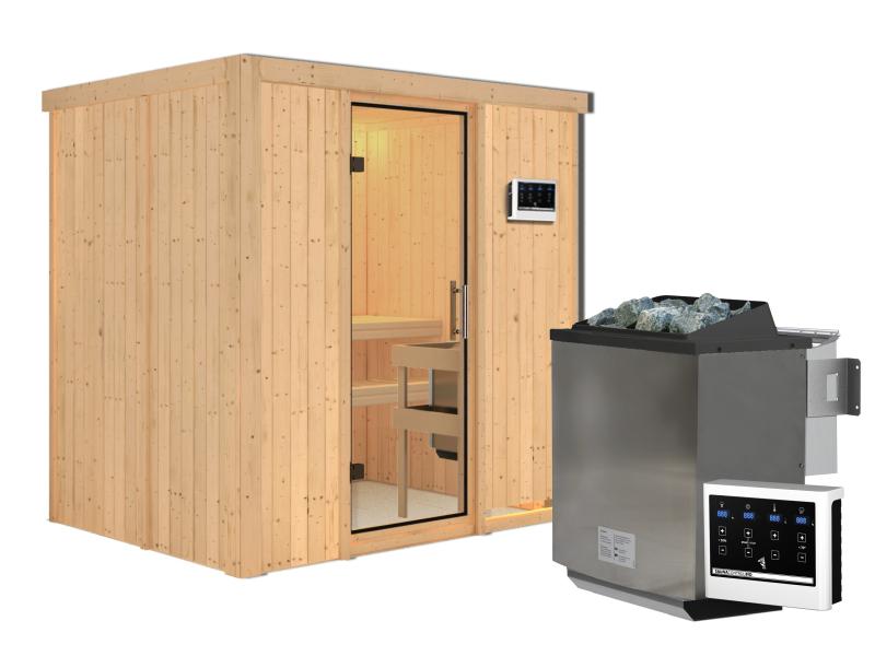 Karibu Sauna Bodin inkl. 9 kW Bioofen ext. Steuerung, mit Klarglas Ganzglastür -ohne Dachkranz-