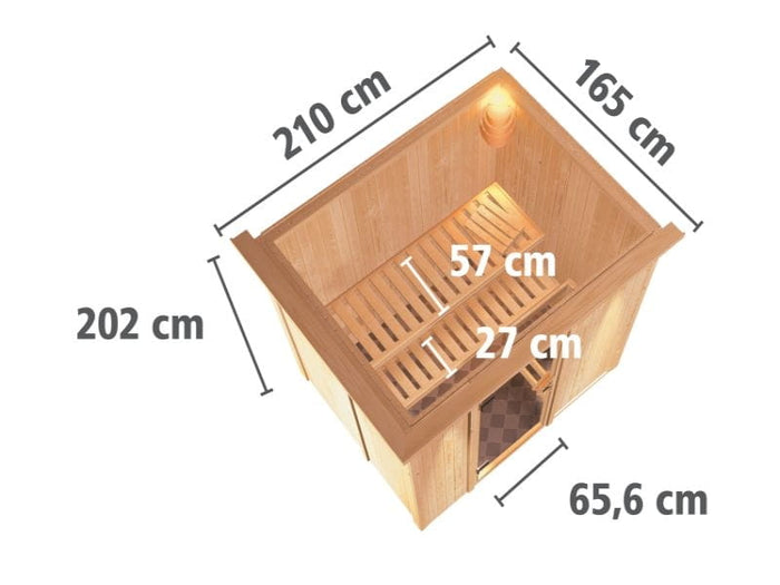 Karibu Sauna Bodin inkl. 9 kW Bioofen ext. Steuerung mit Klarglas Ganzglastür -mit Dachkranz-