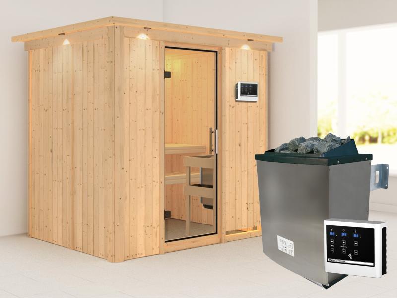 Karibu Sauna Bodin inkl. 9 kW Ofen ext. Steuerung mit Klarglas Ganzglastür -mit Dachkranz-