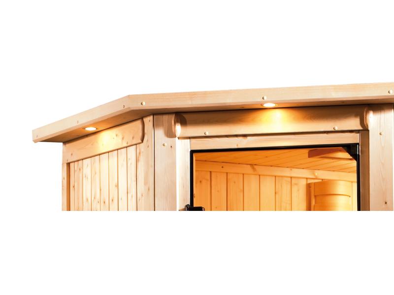 Karibu Sauna Bodin inkl. 9 kW Ofen ext. Steuerung, mit energiesparender Saunatür -mit Dachkranz-