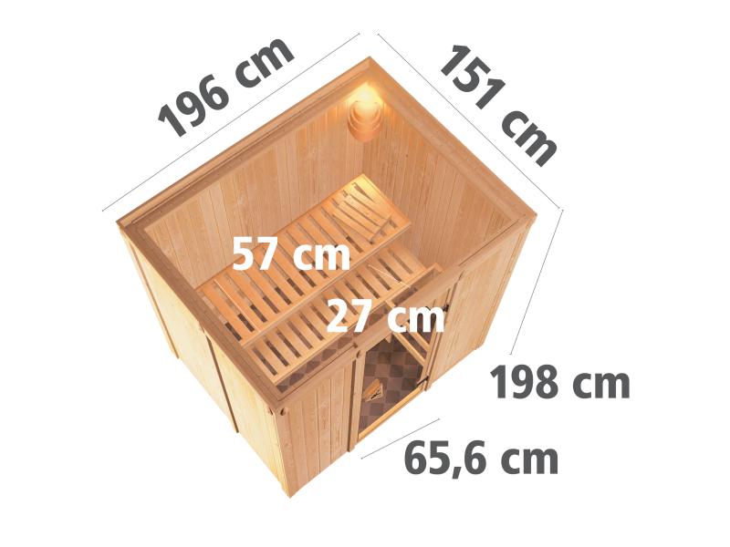 Karibu Sauna Bodin inkl. 9 kW Ofen ext. Steuerung, mit Klarglas Ganzglastür -ohne Dachkranz-