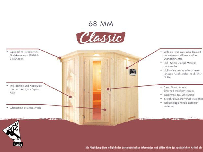 Karibu Sauna Bodin inkl. 9 kW Ofen ext. Steuerung, mit Klarglas Ganzglastür -ohne Dachkranz-