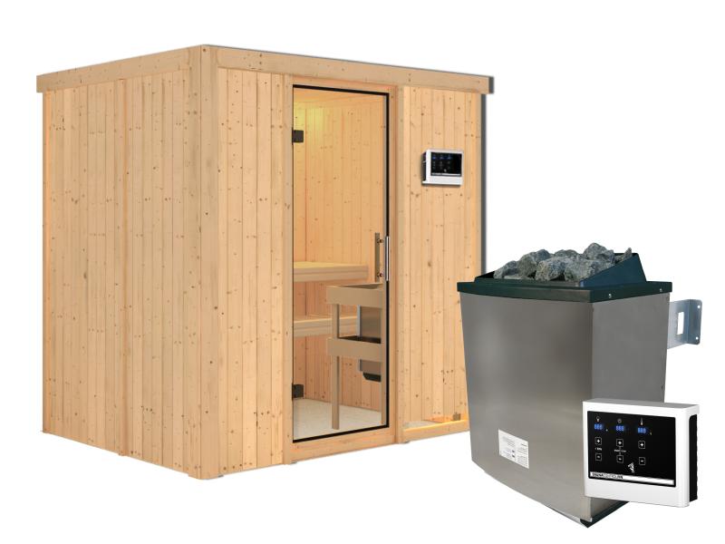 Karibu Sauna Bodin inkl. 9 kW Ofen ext. Steuerung, mit Klarglas Ganzglastür -ohne Dachkranz-