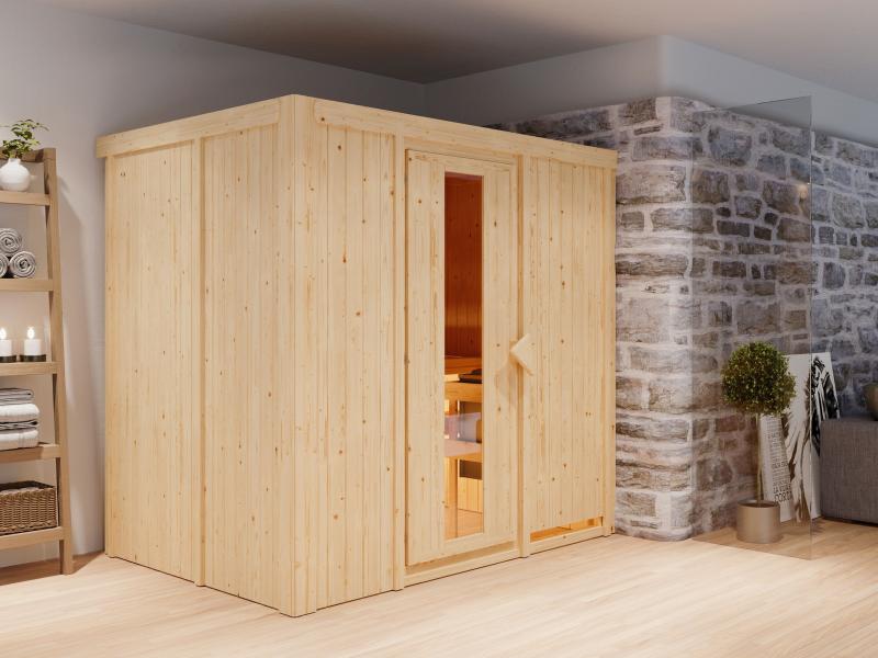 Karibu Sauna Bodin inkl. 9 kW Ofen externer Steuerung, mit energiesparender Saunatür -ohne Dachkranz