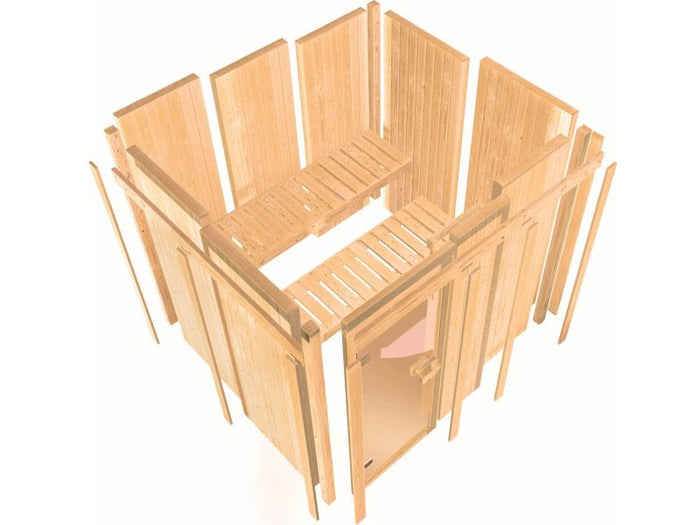 Karibu Sauna Bodin inkl. 9 kW Ofen externer Steuerung, mit energiesparender Saunatür -ohne Dachkranz