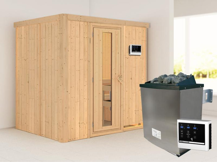 Karibu Sauna Bodin inkl. 9 kW Ofen externer Steuerung, mit energiesparender Saunatür -ohne Dachkranz