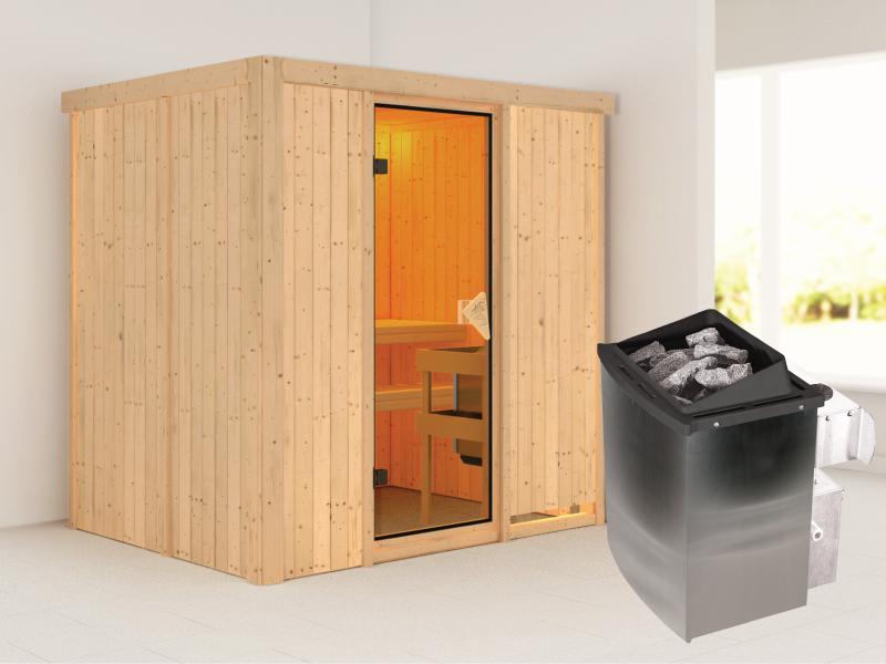 Karibu Sauna Bodin inkl. 9 kW Ofen integr. Steuerung, mit bronzierter Saunatür  -ohne Dachkranz-