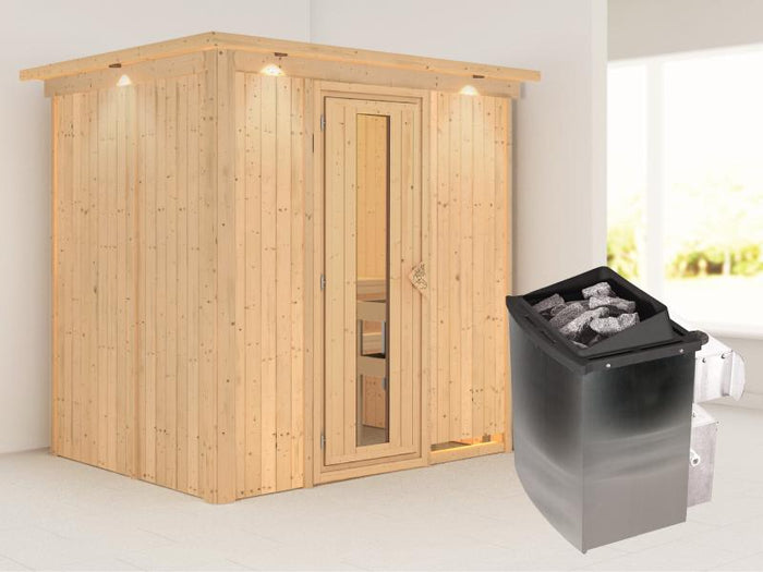 Karibu Sauna Bodin inkl. 9 kW Ofen integr. Steuerung, mit energiesparender Saunatür -mit Dachkranz-