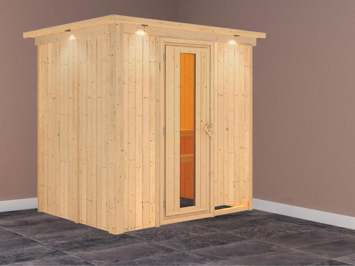 Karibu Sauna Bodin ohne Ofen, mit Dachkranz, mit energiesparender Saunatür