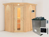 Karibu Sauna Carin inkl. 9 kW Ofen ext. Steuerung mit energiesparender Saunatür - mit Dachkranz -