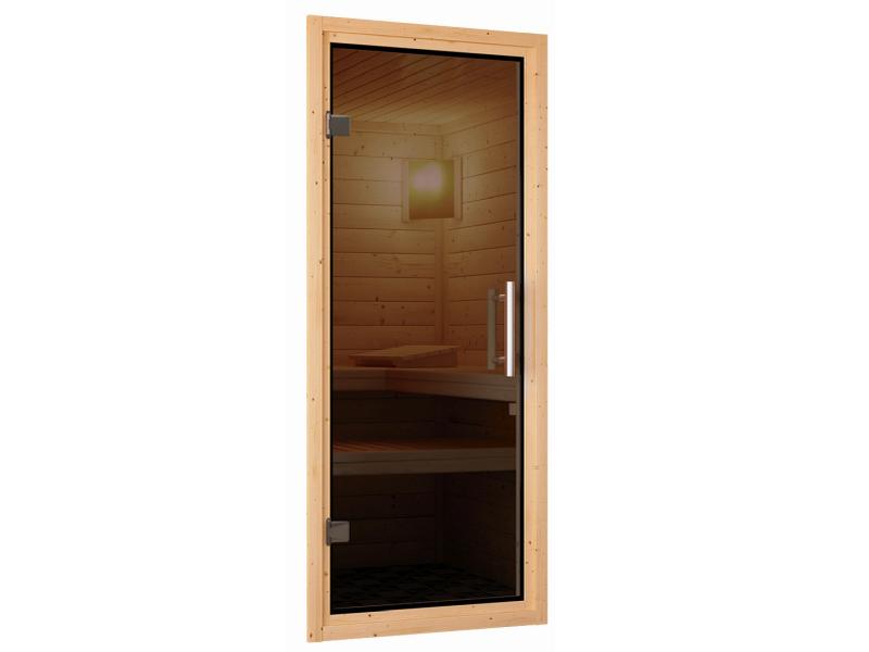 Karibu Sauna Carin inkl. 9 kW Ofen ext. Steuerung mit graphitfarbener Saunatür - mit Dachkranz -