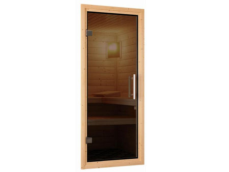 Karibu Sauna Carin inkl. 9 kW Ofen ext. Steuerung mit graphitfarbener Saunatür - mit Dachkranz -