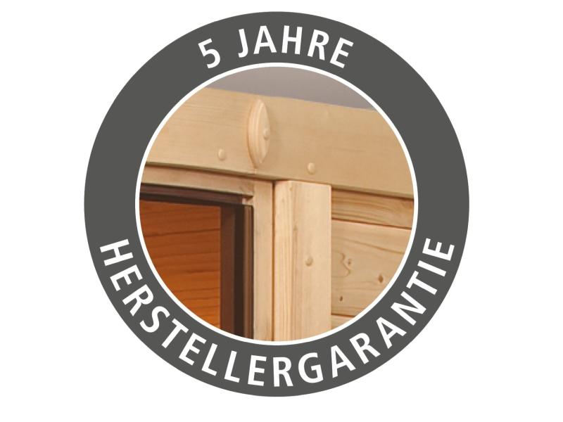 Karibu Sauna Carin inkl. 9 kW Ofen ext. Steuerung mit Klarglas Ganzglastür - mit Dachkranz -